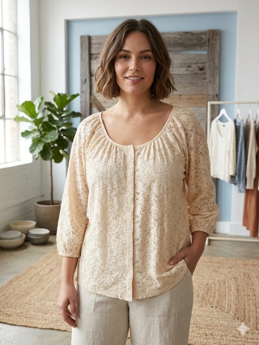 Fenn Wright Manson Plus Size 2X Beige/Tan Lace Overlay button down top